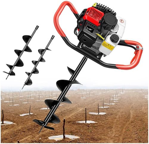 Tarière à Essence de 199 cm³ avec 3 Forets, pour Terrassement de Clôtures, pour Terres Agricoles, Jardins et Plantations,4/6/8cm
