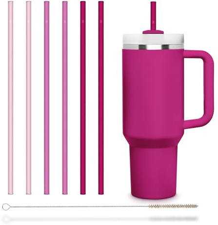 HALM Pinke Glasstrohhalme 6x 30 cm lang für Stanley Cup Quencher Tumbler & Flaschen bis 1,2 Liter + Reinigungsbürste Spülmaschinenfest - Wiederverwendbare Ersatz Strohhalme