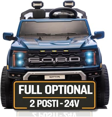 Ford F150 Raptor 24V Maxi Fuoristrada 2 Posti Auto Macchina Elettrica per Bambini Telecomando Luci a Led Bluetooth Ammortizzatori Carico Massimo 60 Kg Blu