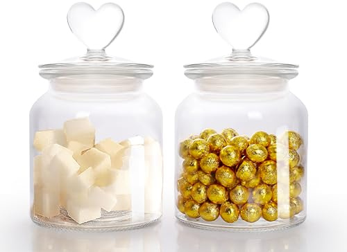 HomeyHoney Frascos de Vidrio con Tapa en Forma de Corazón,Juego de 2 Tarros de Cristal con Tapa Hermética,650ml Botes de Cristal para Barras de Chocolate,Cocinas,Galletas,Dulces y Granos de Café