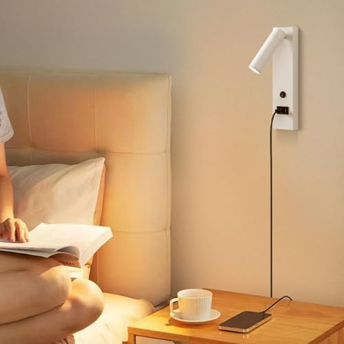 TZSMUM LED Apliques de Pared Interior con Puerto de Carga USB Lámpara de Pared Giratoria 350°+90° Iluminación de Pared con Interruptor para Sala de Estar Dormitorio Lectura (Blanco,Luz Cálida)