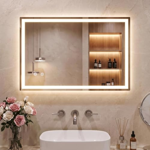 Clevich Badspiegel mit Beleuchtung 80×60 cm, LED Spiegel mit 3 Lichtfarben Dimmbar, Gehärtetes Glas Explosionsschutz, Touch-Schalter, Memory-Funktion, Beschlagfrei, Badezimmerspiege mit Licht