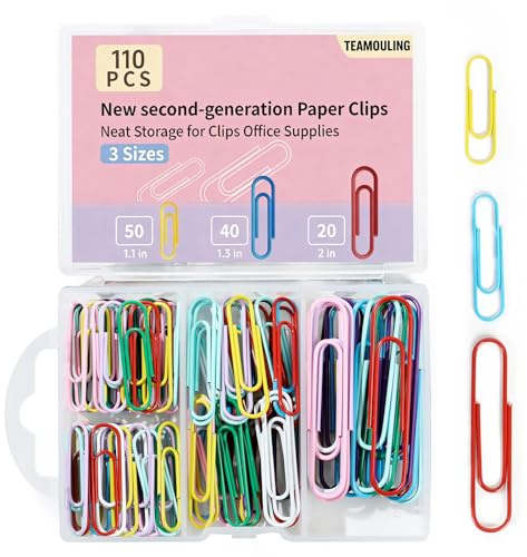 TEAMIOULING Paper Clips, 110Pcs Colored Paper Clip Assorted Sizes (2 inch & 1.3 inch,1.1 inch), Largr PaperClips, Small Medium Paper Clips for Office School Supplies Document Organizing