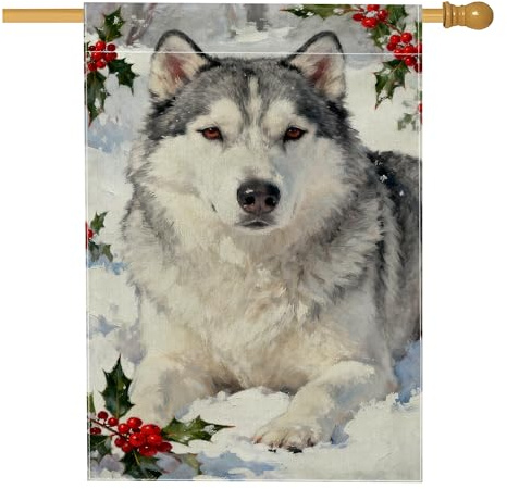 Husky House - Bandera realista de invierno con acebo y nieve, arpillera blanca de doble cara, bandera de jardín grande para exteriores, patio, césped, entrada, balcón, 28 x 40 pulgadas