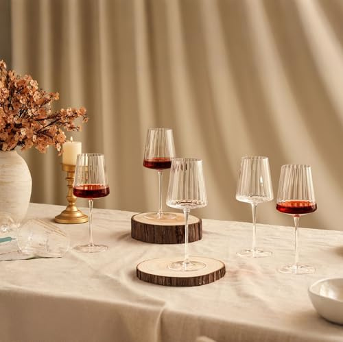 Imourari Rödvinsglas räfflade, set om 6 – 400 ml munblåsta, blyfria kristallvitvinsglas med handtag – vinglas för rödvin vitt vin gin