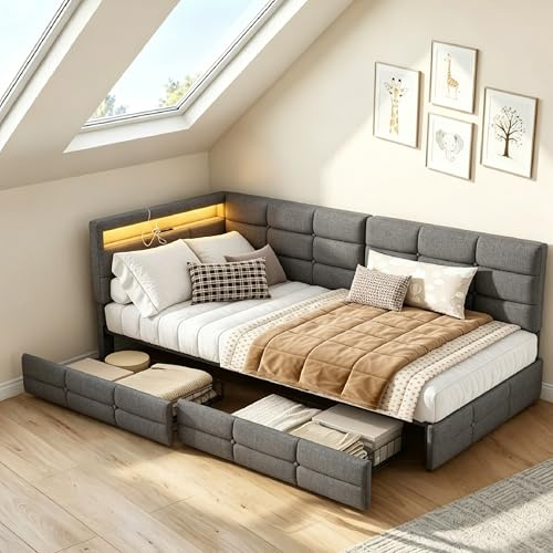 Divano letto Singolo Imbottito 90x200 cm, Letto Singolo con Contenitore Cassetti, LED e Stazione di Ricarica,letti ospiti con Schienale Imbottito, letto ad angolo per bambini,ragazzi, gli ospiti,