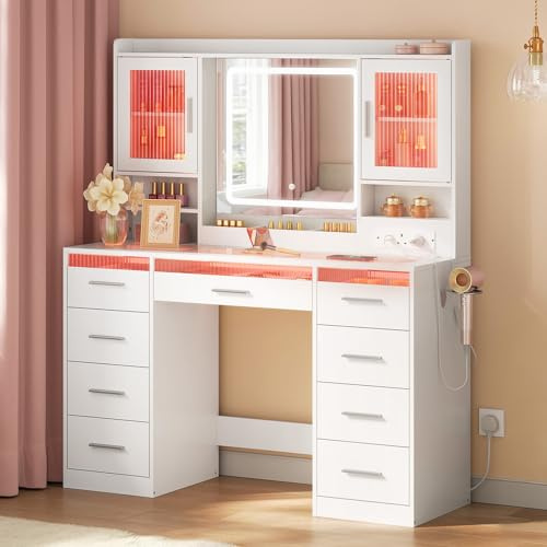 WOLTU Tocador con Espejo y Luz, Mesa Maquillaje con Luz RGB en 3 Colores, Encimera y Puertas de Vidrio Templado, Tocador con 9 Cajones y Enchufes, Ideal para Vestidor y Dormitorio, Blanco