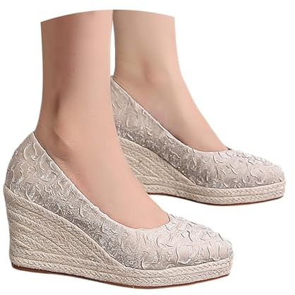 Ballerinas Women's Elegant Embroidery Wedge Heel Pumps Slip-on Single Shoes Lace Stiletto Shoes Closed Sandals Commuter Heel Shoes Evening Shoes Gothic Sandals, O Beige, 5 UK