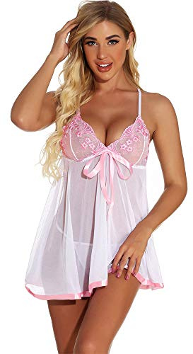 scicent Women's Lingerie Sets Plus Size Ladies Dresses Babydoll Chemise Nightwear Negligees with G-String 4X UK 18-20 White