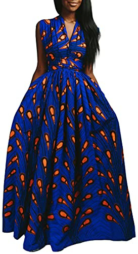 OLIPHEE Robe Femme Imprimer lâche Grande Taille Afrique sans Manches Une épaule De Multiples Façons De Porter(M, Plume Orange sur Fond Bleu)