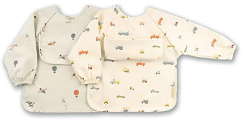 ÜneeQbaby Ökotex Wasserdichte Langärmelige Lätzchen für Babys und Kleinkinder, 2er-Pack (Auto und Flugzeuge, Klein)