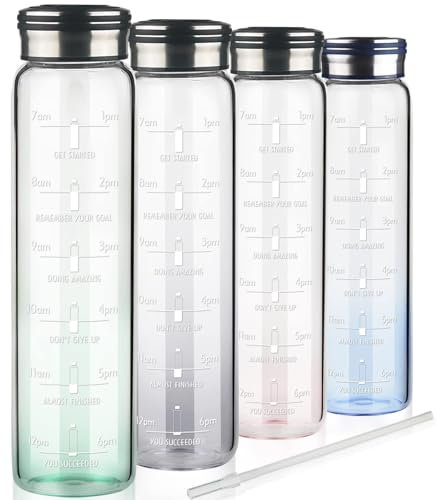 Cleesmil Trinkflasche Glas 1l, Motivierende Wasserflasche mit Strohhalm & Zeitmarkierungen, 1 Liter Glasflasche mit Neoprenhülle, Kohlensäure Geeignet