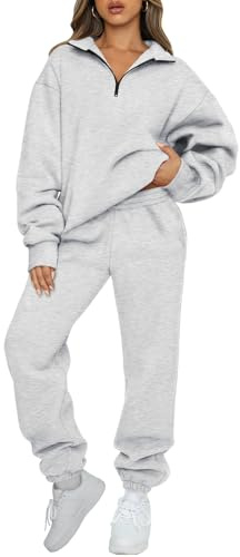 AUTOMET Women's Sweatsuits 2 Piece Outfits Lounge Sets Long Sleeve Half Zip Pullover and Baggy Sweatpants with Pockets Grey M