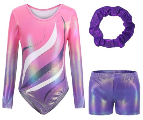 Konstnärlig gymnastik Body för flickor - Flickor Långärmad Ärmlös Gymnastikdräkt med Gradienta Färger Shorts och Pannband, Friidrott Bodysuit för Barn 5–14 år, B118 ROSA, TAG 6A(5-6 anni)