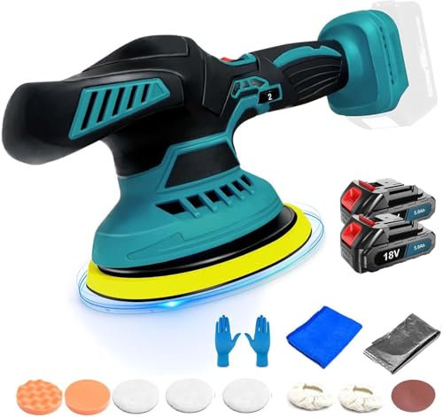 Akku-Poliermaschine, Ersatz für Makita, Bürstenlos mit 2x3000mAh Akku und Ladegerät, 145mm Polieren Pad nd Mehrere Anhänge, zum Entfernen von Farbe und Mörtel , Auto Polieren, Schleifen,