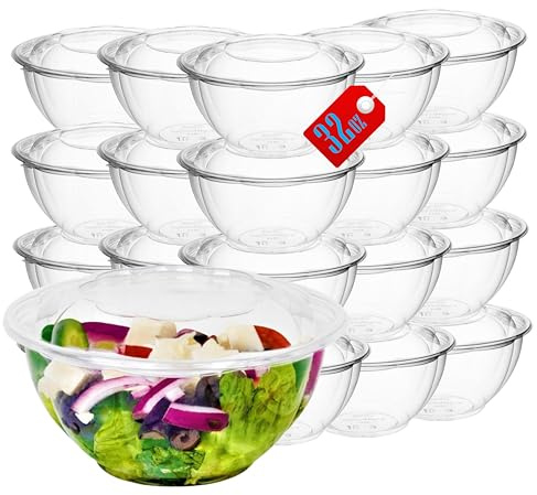 Mr Miracle Clear 32 Ounce Plastic Salad Bowls with Snap-On Lids. Pack 50. Airtight Disposable Salad Containers for Lunch, Meal Prep, Parties. Ideal as Disposable Salad Bowls with Lids