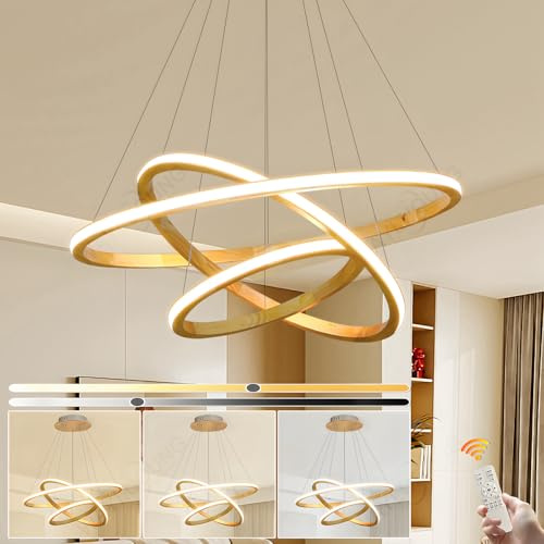 WayLuoung Trä LED Ljuskronor Takljus, Dimbar 3 Ring Träbelysningsarmatur, Justerbar Cirkel Pendellampa, Köksö Matsal Vardagsrum Foajén Hängande 【40+60+80cm】