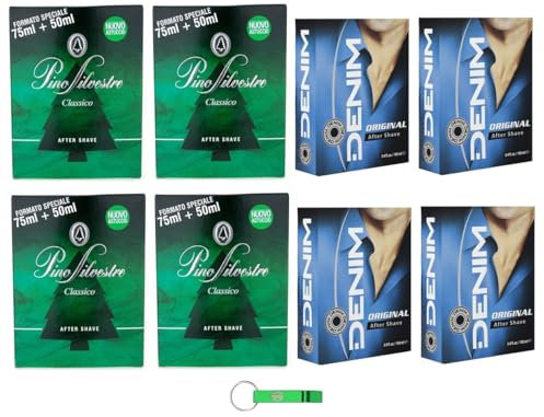 Testpaket 4x Pino Silvestre After Shave 125ml + 4x Denim After Shave 100ml,Original Classic After Shave Perfekt, um die Haut frisch zu lassen + Beni Culinari Kostenloser Schlüsselanhänger