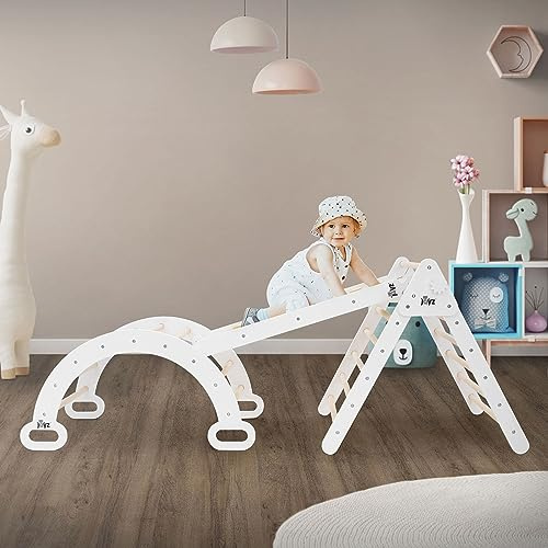 Joyz Set di 3 Pezzi Triangolo da Arrampicata con Scivolo e Arco di Arrampicata Legno Bianco Naturale Set 3in1 Altalena Rampa di Arrampicata Pikler Giocattoli Educativi Montessori per Bambini da 2 Anni