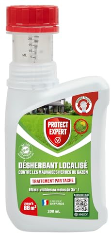 PROTECT EXPERT Désherbant Gazon Concentré Localisé - 200ml - 88m² | Mauvaises Herbes Pelouse - Non Sélectif - Efficace - Bidon Doseur - DG200N
