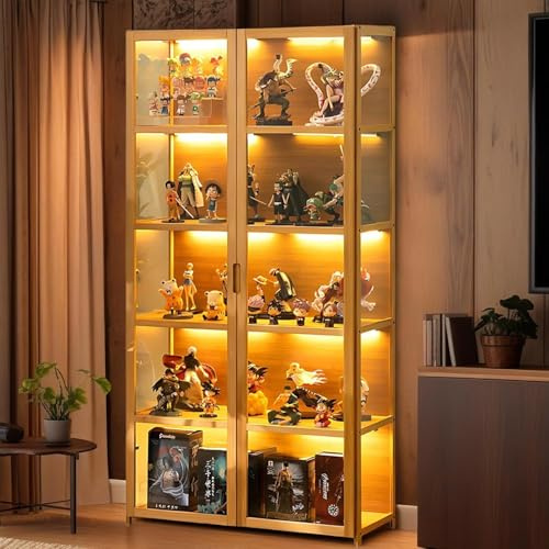 Scribora Vitrinas de cristal para coleccionables y trofeos, vitrina de 5 niveles, estantería, armario de almacenamiento para sala de estar, dormitorio, oficina (puerta tipo folio marrón)
