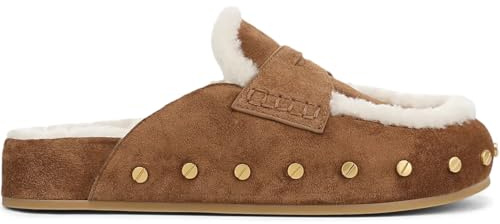 Brown Fur Lined Clogs for Women Fuzzy Studded Slippers Comfortable Slip On Mules Closed Round Toe Fall Winter Casual Flat Shoes Size 7.5