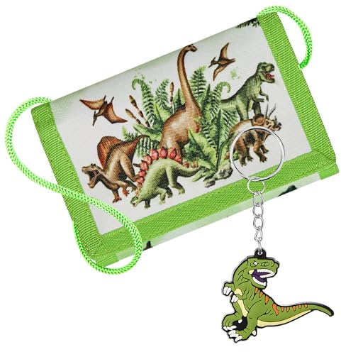 Dinosaurier dreifach gefaltete Geldbörse mit Schlüsselanhänger, kleiner Brustbeutel mit Band, leichtes Portemonnaie zum Umhängen, kompakter Stoff Geldbeutel für Alltag, Schule und Outdoor Aktivitäten