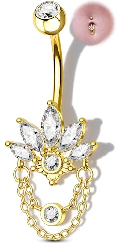 OUFER Piercing Nombril Lotus Fleur 316L Acier Chirurgical Bijou Belly Bar 14G 10mm Percing au Nombril Argent Or Bananabell Piercing de Ventre pour Femmes