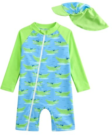 DivingBirds Set Costume da Bagno per Neonato con Cappellino da Sole - Costume da Bagno a Manica Lunga con Cerniera a Pezzo Unico per Bambino per Spiaggia e Piscina, 2-3 anni