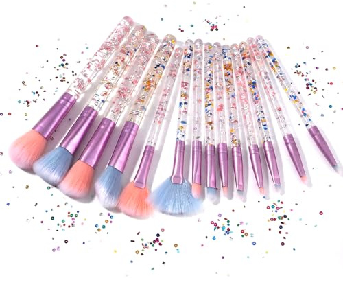 Hadnves 14 st gnistrande söt fläkt pulver rouge sminkborstar set med glitter ansikte kosmetika blandborstar för rouge läpp höjdpunkt foundation ögonbryn löst pulver ögonskugga flickor tonåring kvinnor