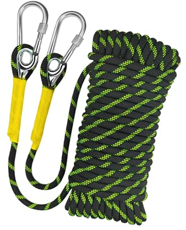 YIUBCZOQI 30m Corda Statica da Arrampicata 10mm con 2 Moschettone, UIAA | nylon ad alta resistenza, anti-abrasione, anti-UV, nero fluorescente, per alpinismo, soccorso e Campeggio