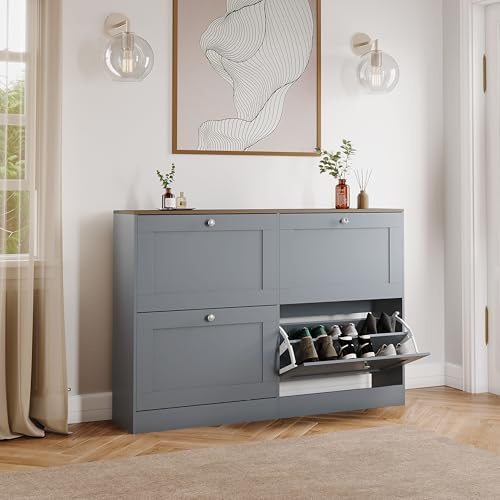 Vida Designs Altino 4 Drawer Shoe Cabinet | Grey & Oak | Space-Saving Storage for 20+ Pairs | 80H x 105W x 23.5D cm | Anti-Tip | Modern Hallway Unit