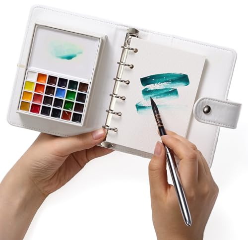 MEEDEN Coffret de peinture aquarelle de voyage - Journal de croquis portable avec 30 feuilles de papier aquarelle, 24 couleurs de peinture, pinceau et palette - Kit de peinture à l'eau pour débutants