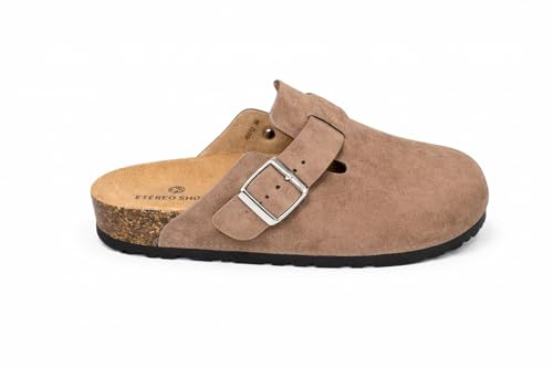 COMPRISA Zuecos Mules Mujer Cómodos de Corcho Cerrados con Hebilla Ajustable Pantuflas Antideslizantes para Casa Trabajo Jardín, Sandalias Casual Negro Marrón Beige 36-41