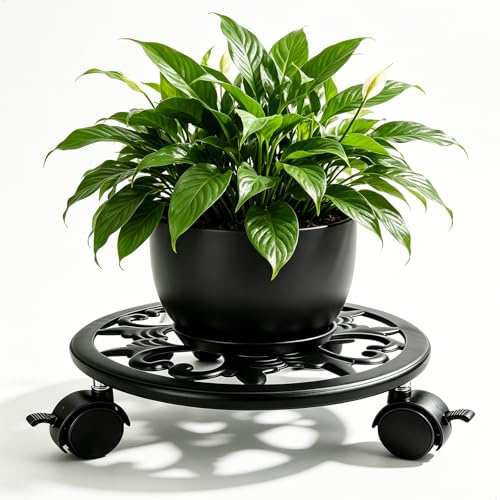 xyuayamz Rodillo para Plantas, Platos Pesados para Macetas con Ruedas, Soporte para Plantas con Ruedas, Rund Base para Macetas de Interior y Exterior, 22cm, Metal, Negro