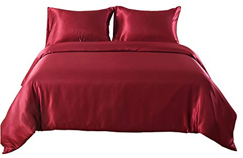 HOTNIU Set Copripiumino in Seta Satin con Federa Cuscini - 3 Pezzi Tinta Unita Set Biancheria da Letto in Raso - Matrimoniale, 200 x 200 cm, Rosso