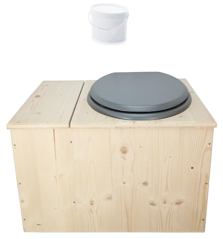Toilette sèche en bois avec bac à copeaux intégré, seau 18L plastique - La bac gris clair - Fabrication Française - N4