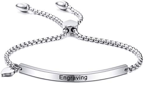 MeMeDIY Pulsera de corazón Personalizada Nombres de Grabado para Mujeres Niñas Regalos de Dama de Honor de Enlace de Tobillo Ajustable de Acero Inoxidable Pulseras de Mejor Amigo (Color Plateado)