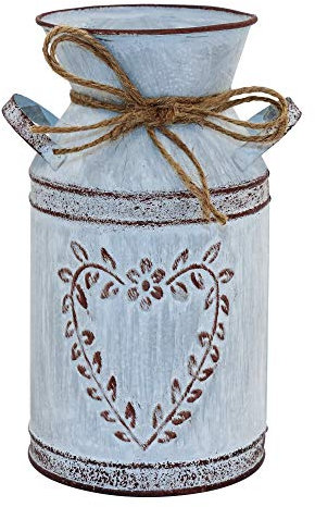 TTdayup Rustikale Shabby Chic Blumenvase – Verzinkte Milchkanne mit Griff, Vintage Bauernhausvase für Mittelstücke, Rustikale Metallblumenvase mit Herz- und Seildesign – 7.7 (Hellgrau)