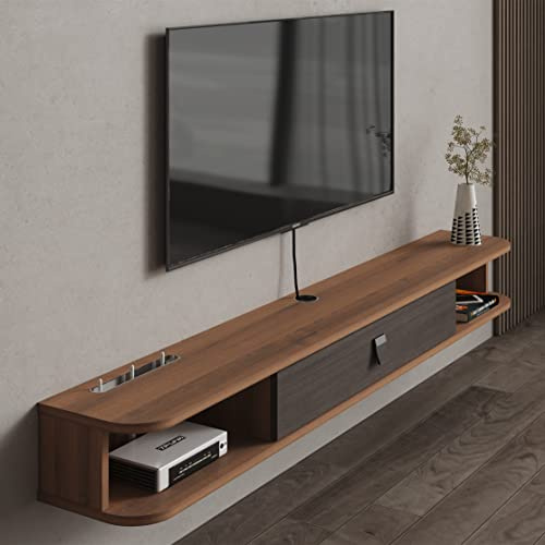 Pmnianhua Floating TV Unit, Wall Mounted TV Cabinet, Floating Shelves with Door, Modern Entertainment Media Console Center Large Storage TV Bench for Living Room & Office (180cm, Dark Brown)