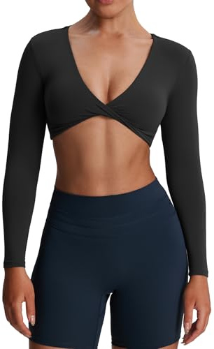 Aoxjox Long Sleeve Crop Tops for Women Metamorph Sienna Twist Deep V Workout Cropped T Shirt Top (Black, Small)