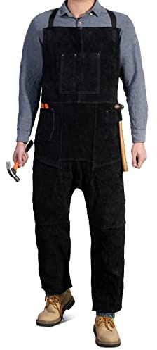 LeaSeek Delantal de soldadura de cuero con pierna dividida para hombres y mujeres, pantalones de soldadura de cuero vacuno resistente, delantal de forja