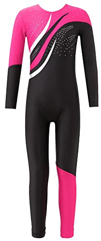 iEFiEL Mädchen Langarm Turnanzug Zweifarbig Ganzkörperanzug Sportlich Body Kinder Glitzer Gymnastikanzug Tanzkostüm Tanzanzug Rosa 170-176
