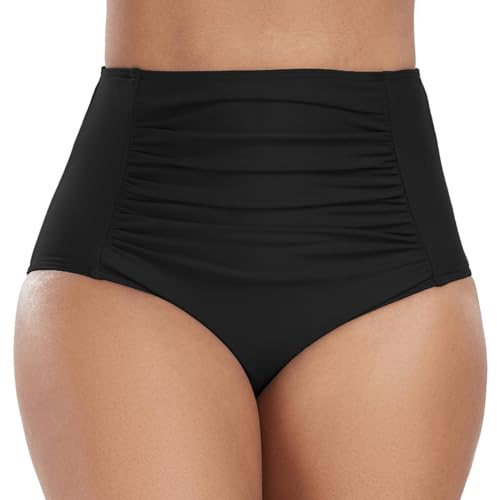Deriwone Women High Waisted Bikini Bottoms Tummy Control Swim Briefs Ruched Swim Bottoms L,Black