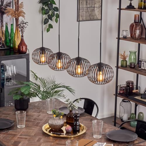 Lampada a sospensione HOFSTEIN Oravi, lampada moderna in metallo nero, dal design retrò con effetto luminoso, altezza max. 149,5 cm, 4 luci, Ø paralumi 20 x attacco E27, senza lampadina