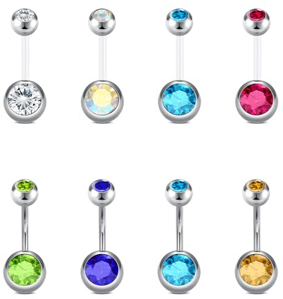 Rajnard Barre Ombelico e Gravidanza 6-38mm 14G Argento - Piercing Flessibile Maternità in Acciaio Chirurgico Con Strass - Gioielli per Pancia
