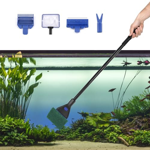 JINGHANGER Aquarium Reinigungsset 5-in-1 Fish Tank Reiniger Set mit Algenschaber, Glasschwamm, Wasserpflanzenclip, Wasserpflanzenrechen, Fischnetz Zubehör für Aquarien