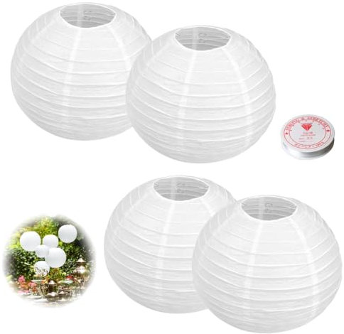 NHPY 4 stück Papierlampenschirm Rund, Lampenschirm papier, Lampions Weiß für Kreative Diy-Projekte und Party Garten Hochzeit Dekoration,mit 60m Dekoseil, 20 cm, 8, Stehlampe papier