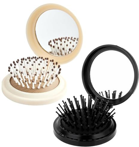 2PCS Mini Haarbürste, Klein mit Spiegel, Reisebürste Faltbar, Kompakt und Multifunktional, Perfekt für Unterwegs und Zu Hause, Schwarz+Gebrochenes Weiß