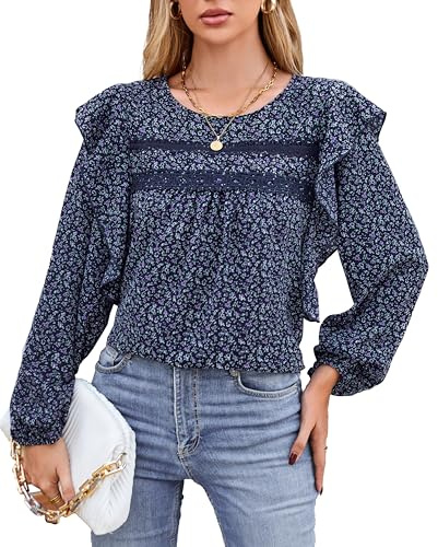 VOGMATE Blusa Camisa Túnica para Mujer Manga Larga Elegante Top de Cuello Redondo Casual Camiseta Suelta